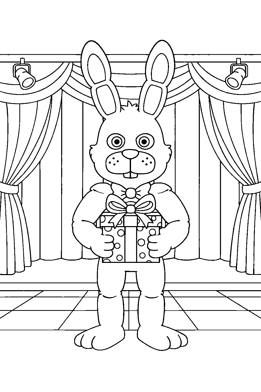 bonnie the bunny from five nights at freddy s holding a present in a show stage area line art