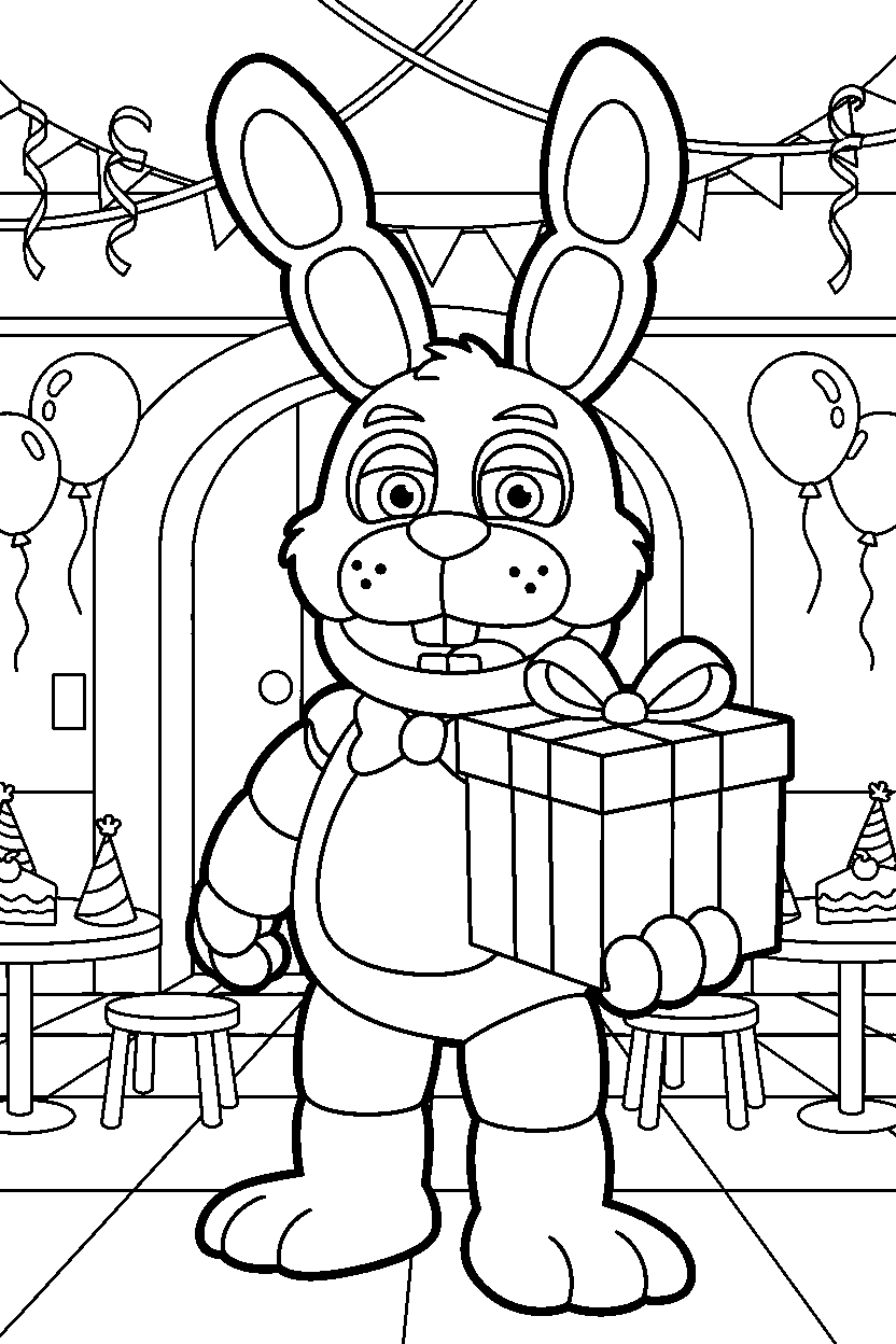 bonnie the bunny from five nights at freddy s holding a present inside a cartoon party hall line art
