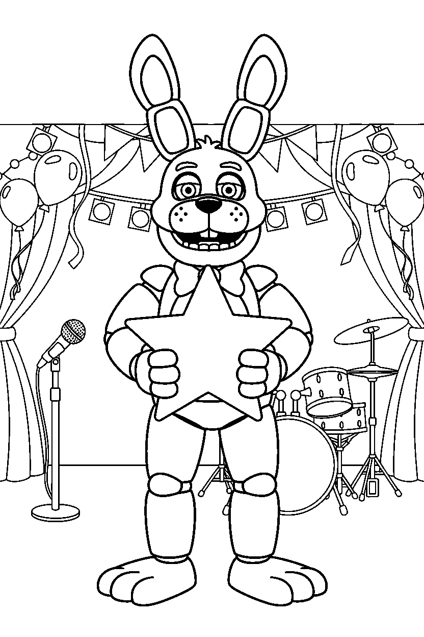 bonnie the bunny from five nights at freddy s holding a star in a colorful entertainment hall line art