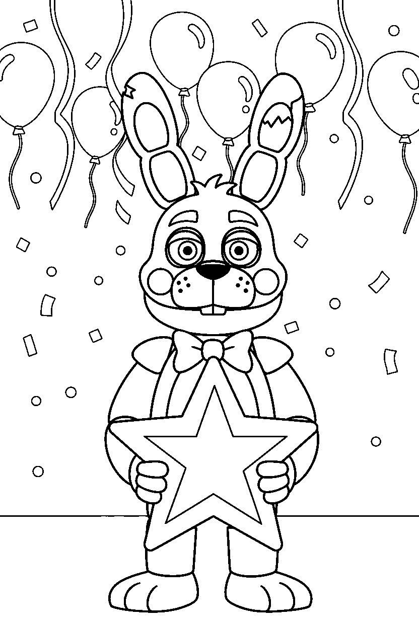 bonnie the bunny from five nights at freddy s holding a star in a colorful party hall line art