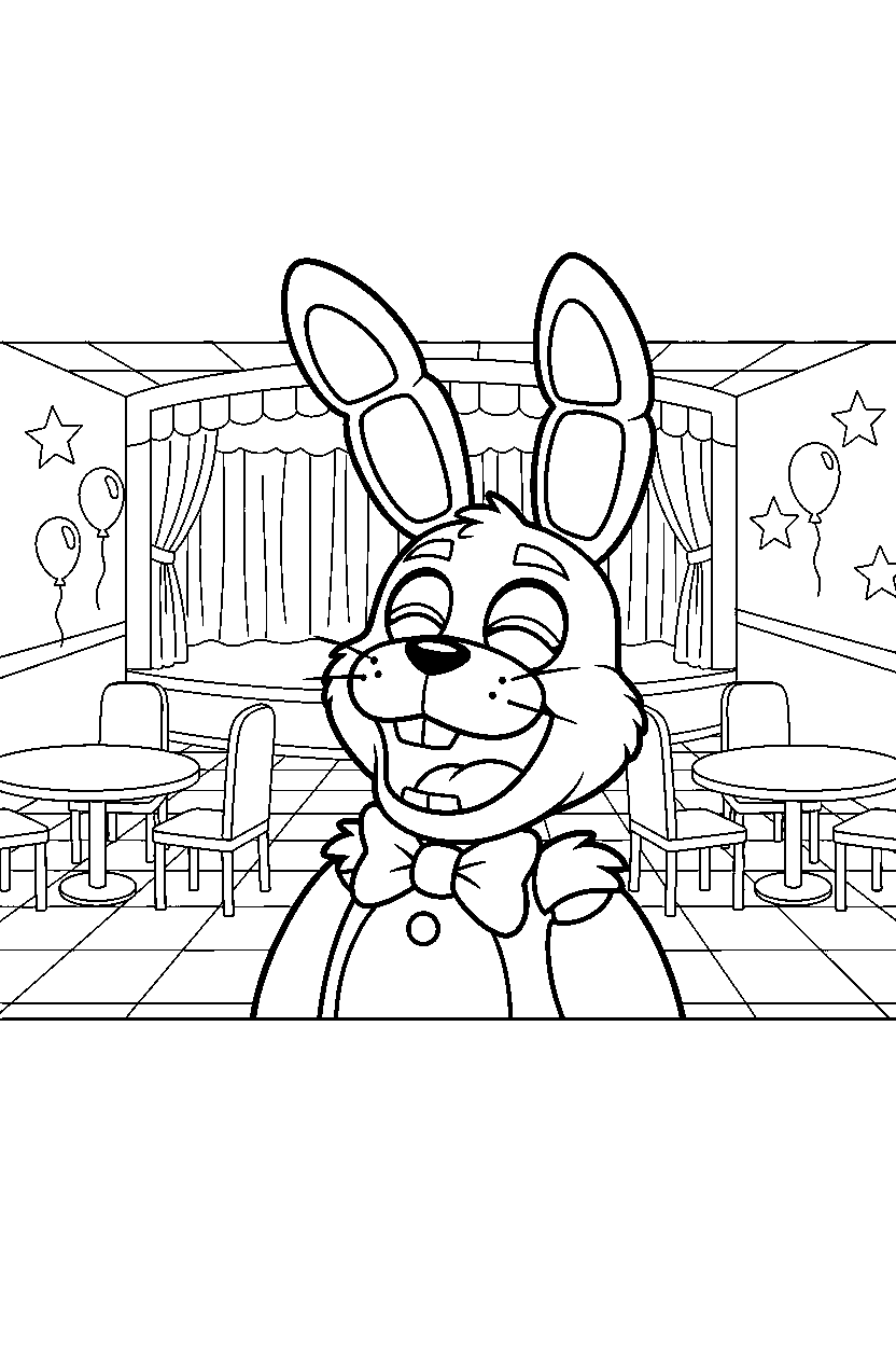 bonnie the bunny from five nights at freddy s laughing happily in a pizzeria dining area line art