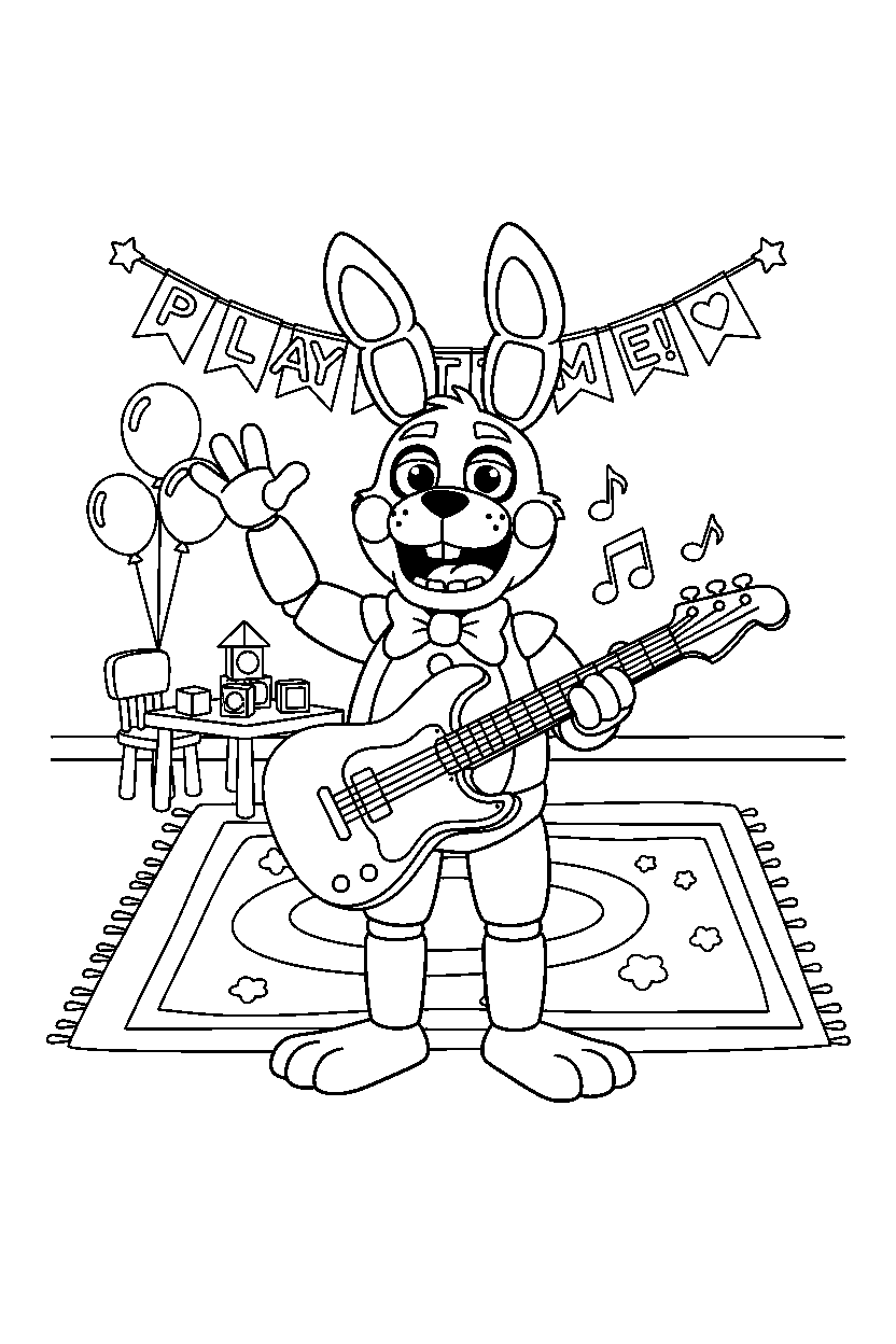 bonnie the bunny from five nights at freddy s making a friendly pose in a decorated playroom line art
