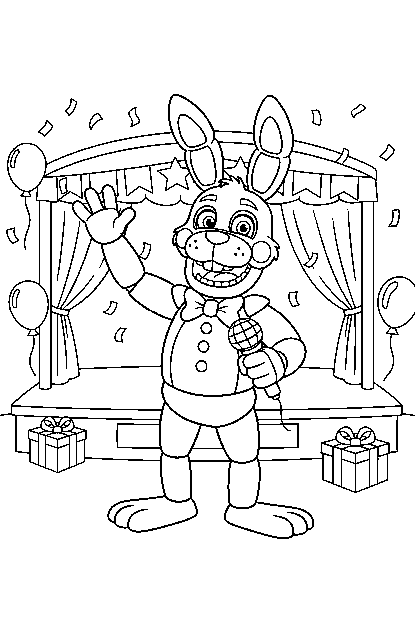 bonnie the bunny from five nights at freddy s making a friendly pose in a festive event room line art