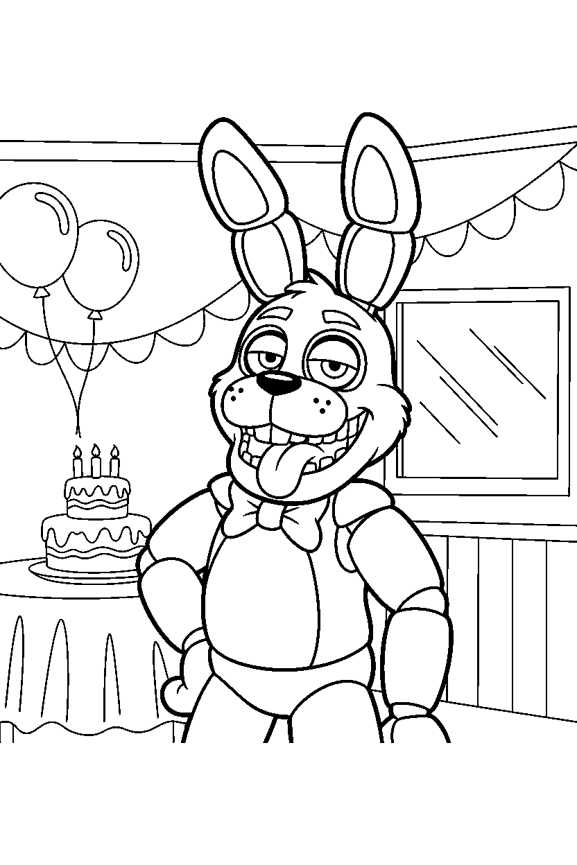bonnie the bunny from five nights at freddy s making a funny pose in a bright party room line art