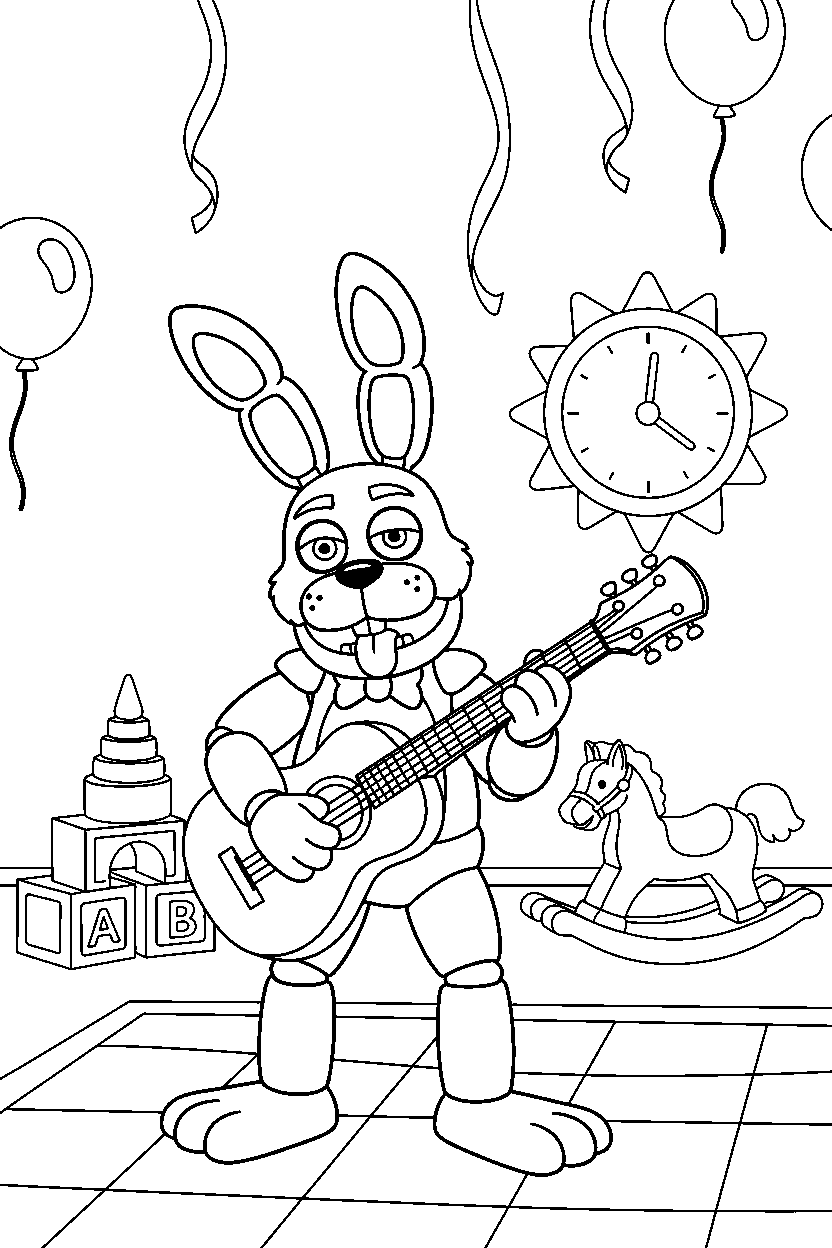 bonnie the bunny from five nights at freddy s making a funny pose in a decorated playroom line art