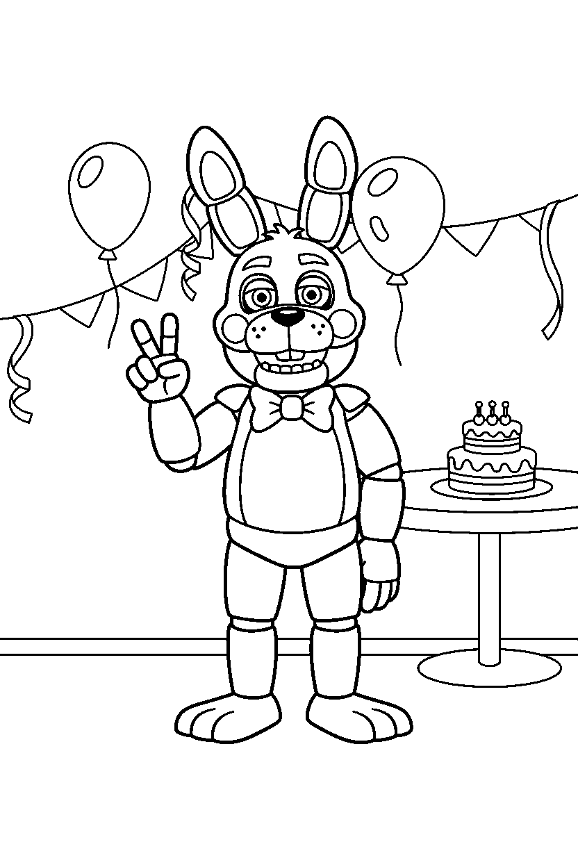 bonnie the bunny from five nights at freddy s making a peace sign in a decorated party room line art