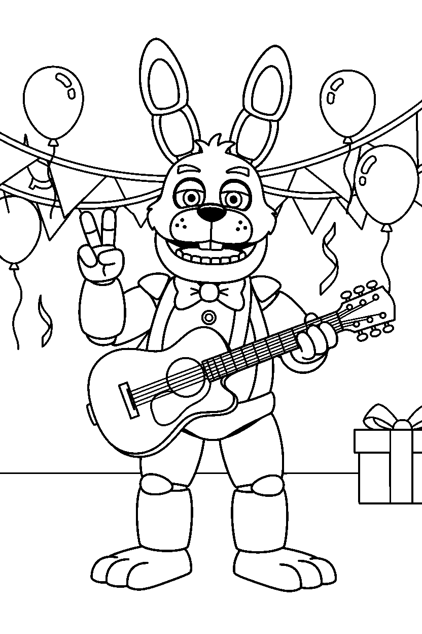 bonnie the bunny from five nights at freddy s making a peace sign in a festive event room line art