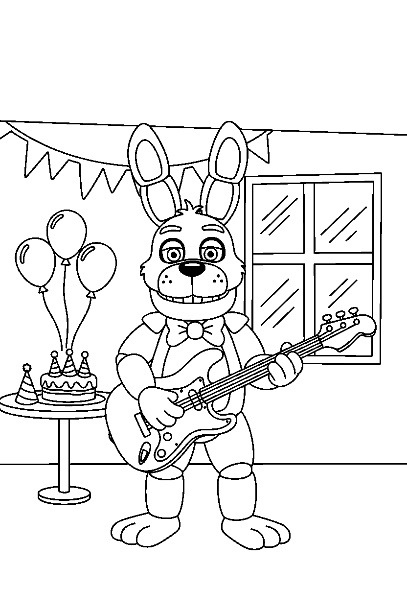 bonnie the bunny from five nights at freddy s playing guitar in a bright party room line art