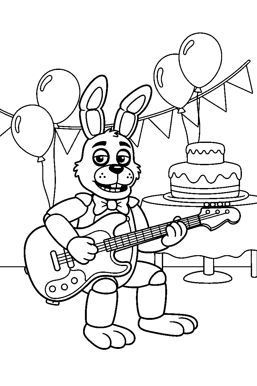 bonnie the bunny from five nights at freddy s playing music in a bright party room line art