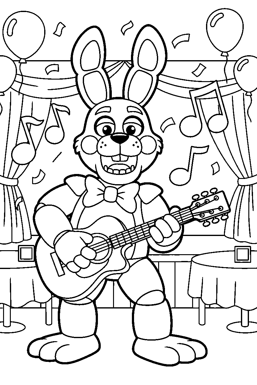 bonnie the bunny from five nights at freddy s playing music in a colorful entertainment hall line art