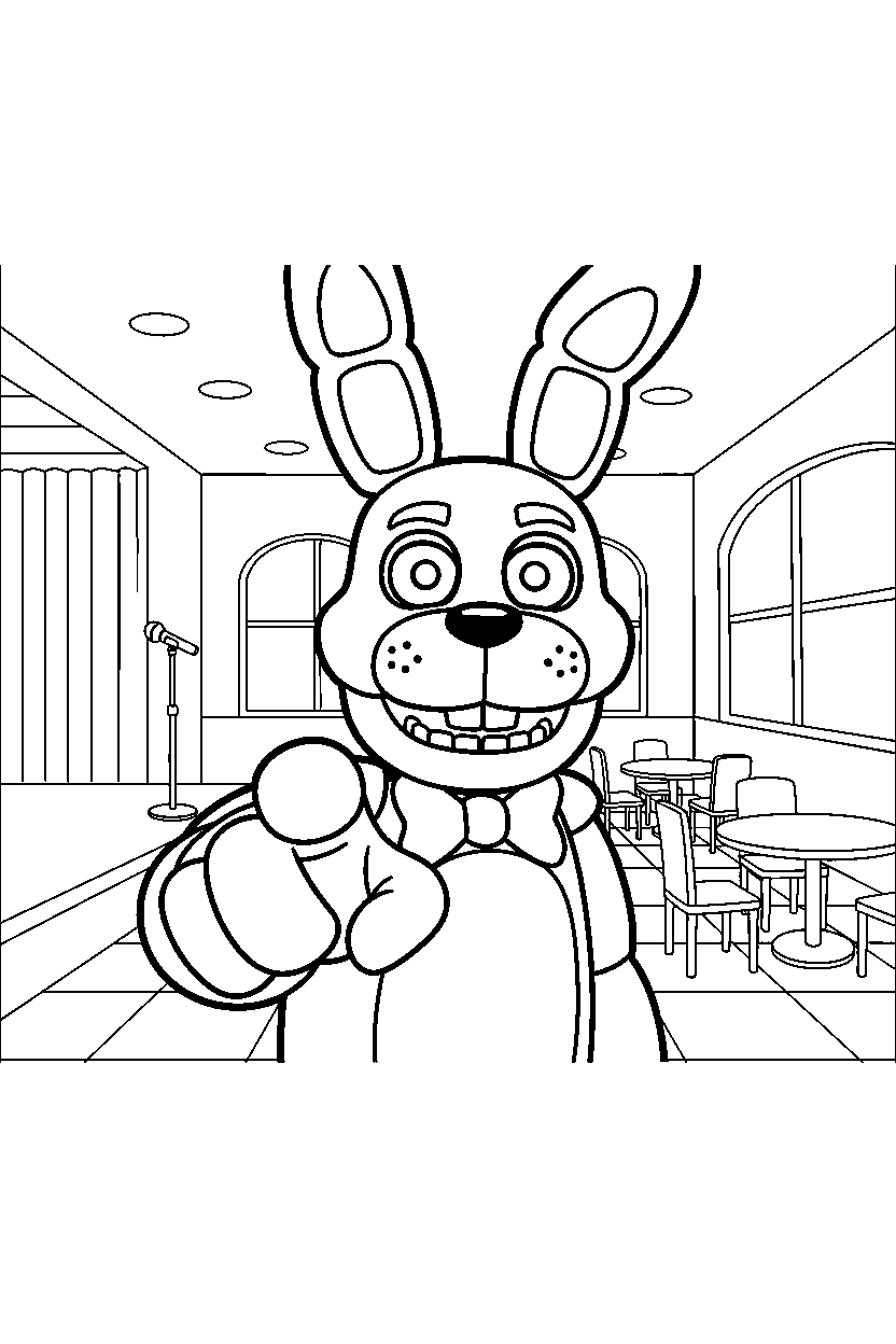 bonnie the bunny from five nights at freddy s pointing forward in a pizzeria dining area line art