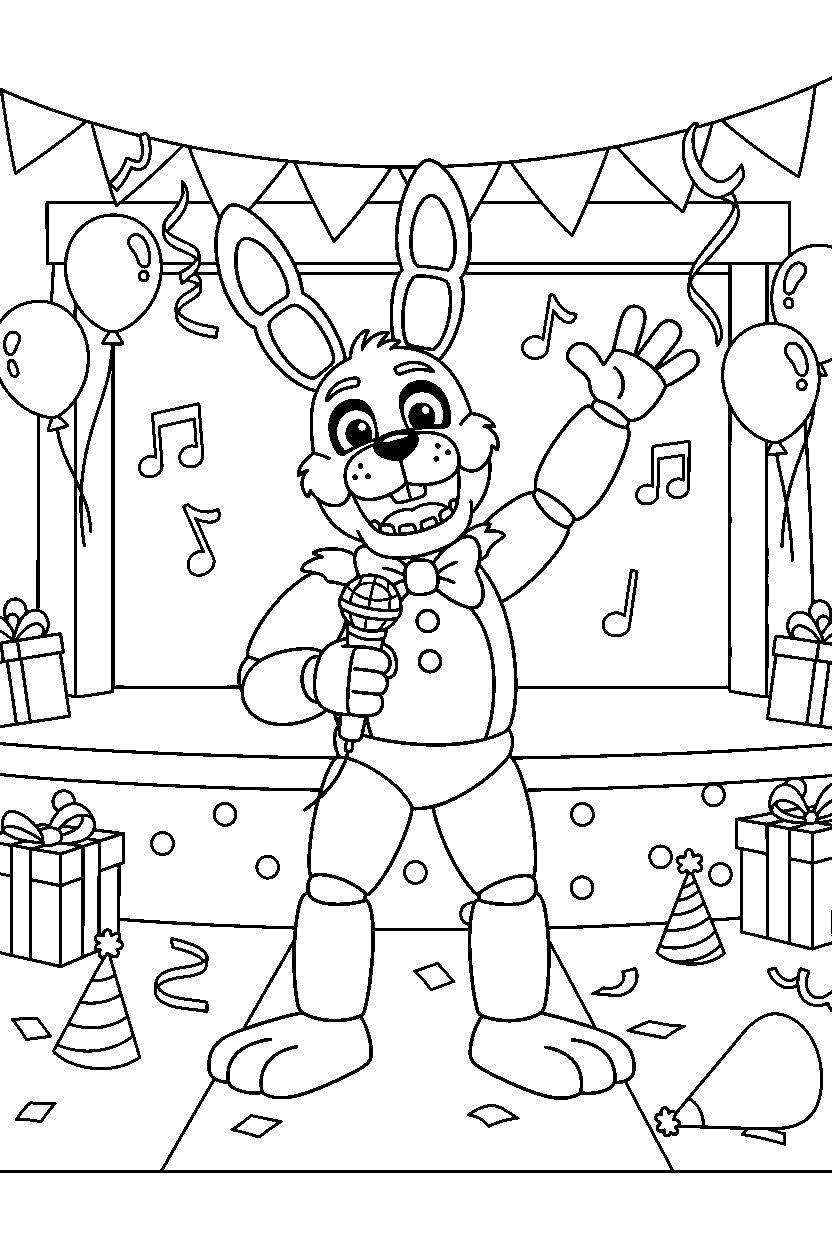 bonnie the bunny from five nights at freddy s posing happily in a festive event room line art