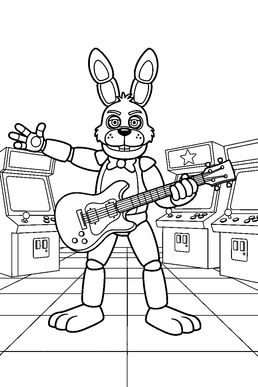 bonnie the bunny from five nights at freddy s posing heroically in a bright game arcade line art