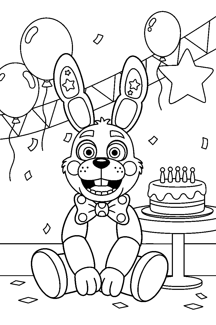 bonnie the bunny from five nights at freddy s sitting and smiling in a decorated party room line art