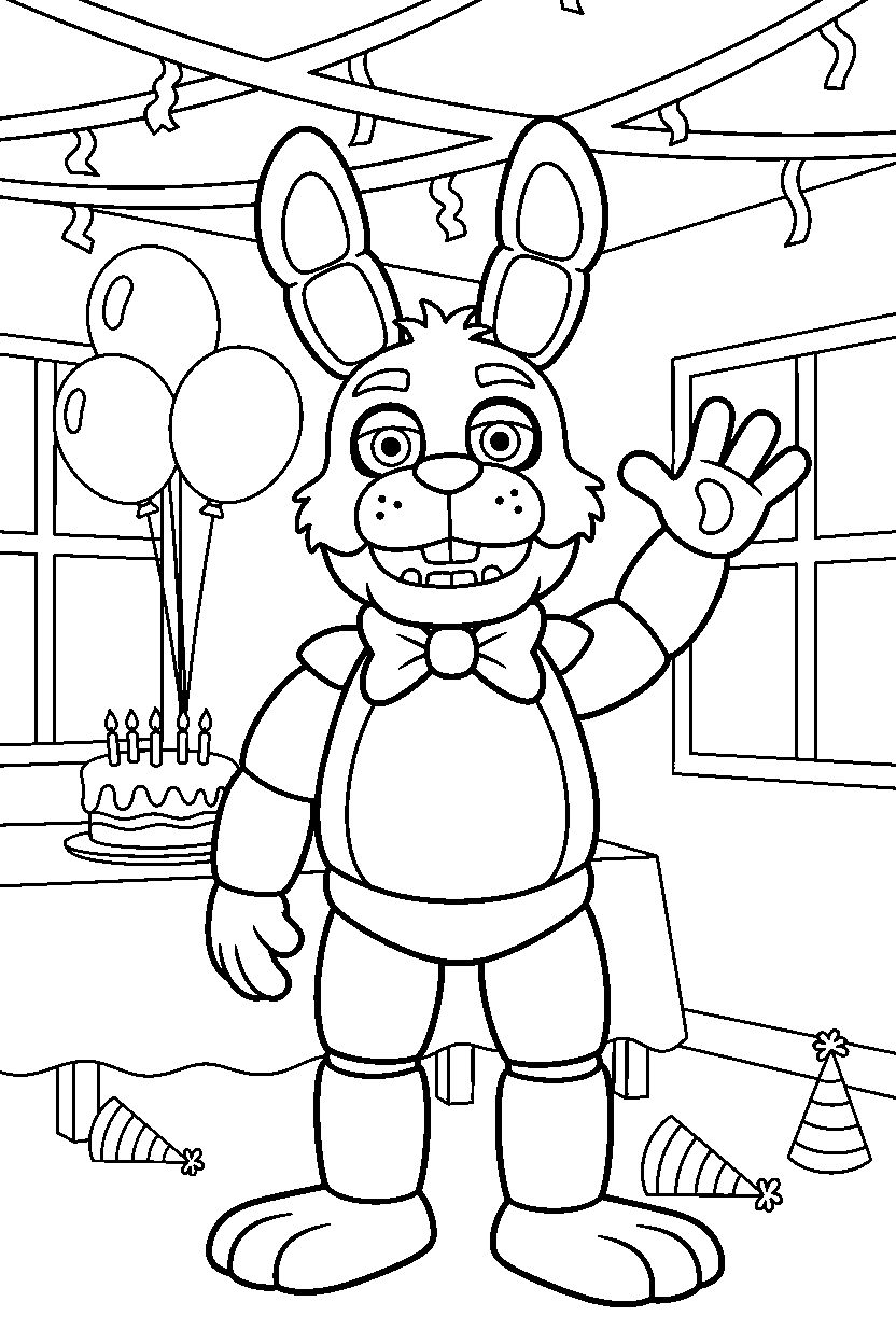 bonnie the bunny from five nights at freddy s standing and waving inside a cartoon party hall line art