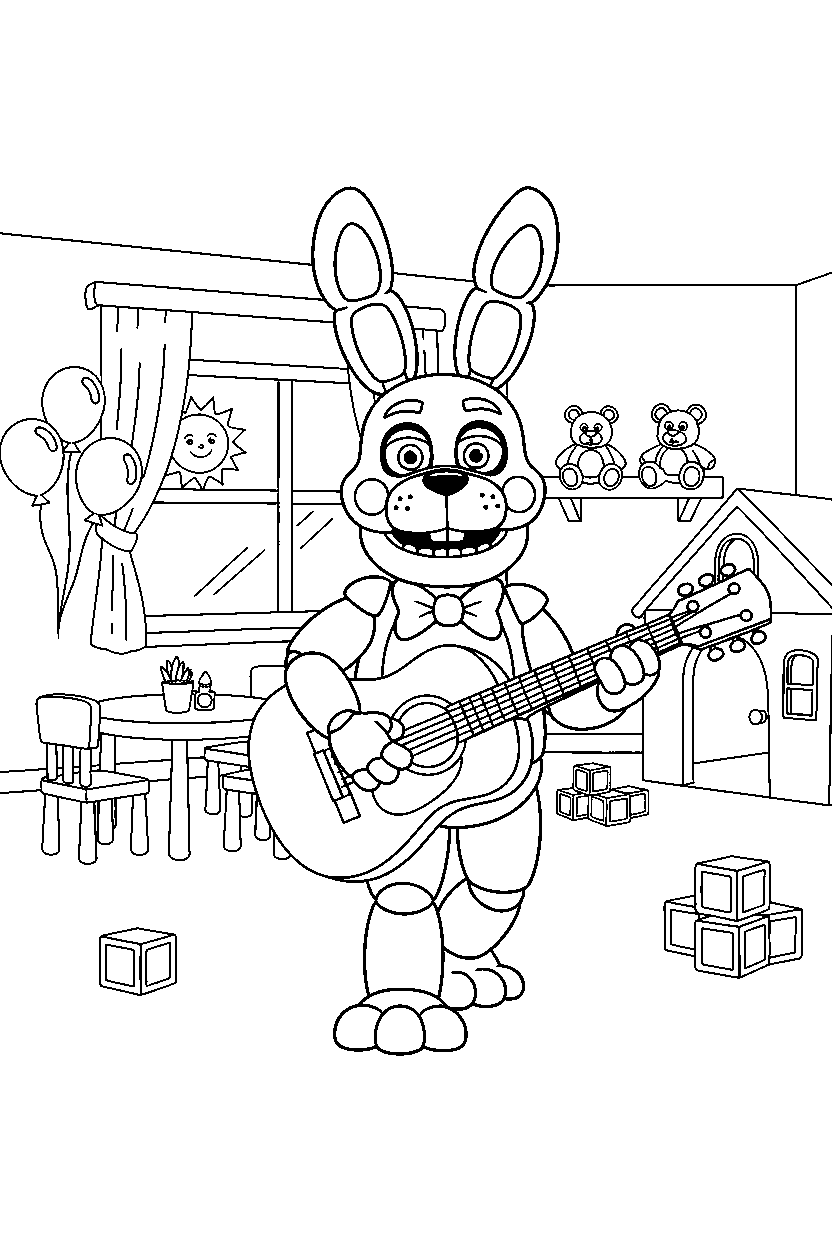 bonnie the bunny from five nights at freddy s walking forward in a decorated playroom line art