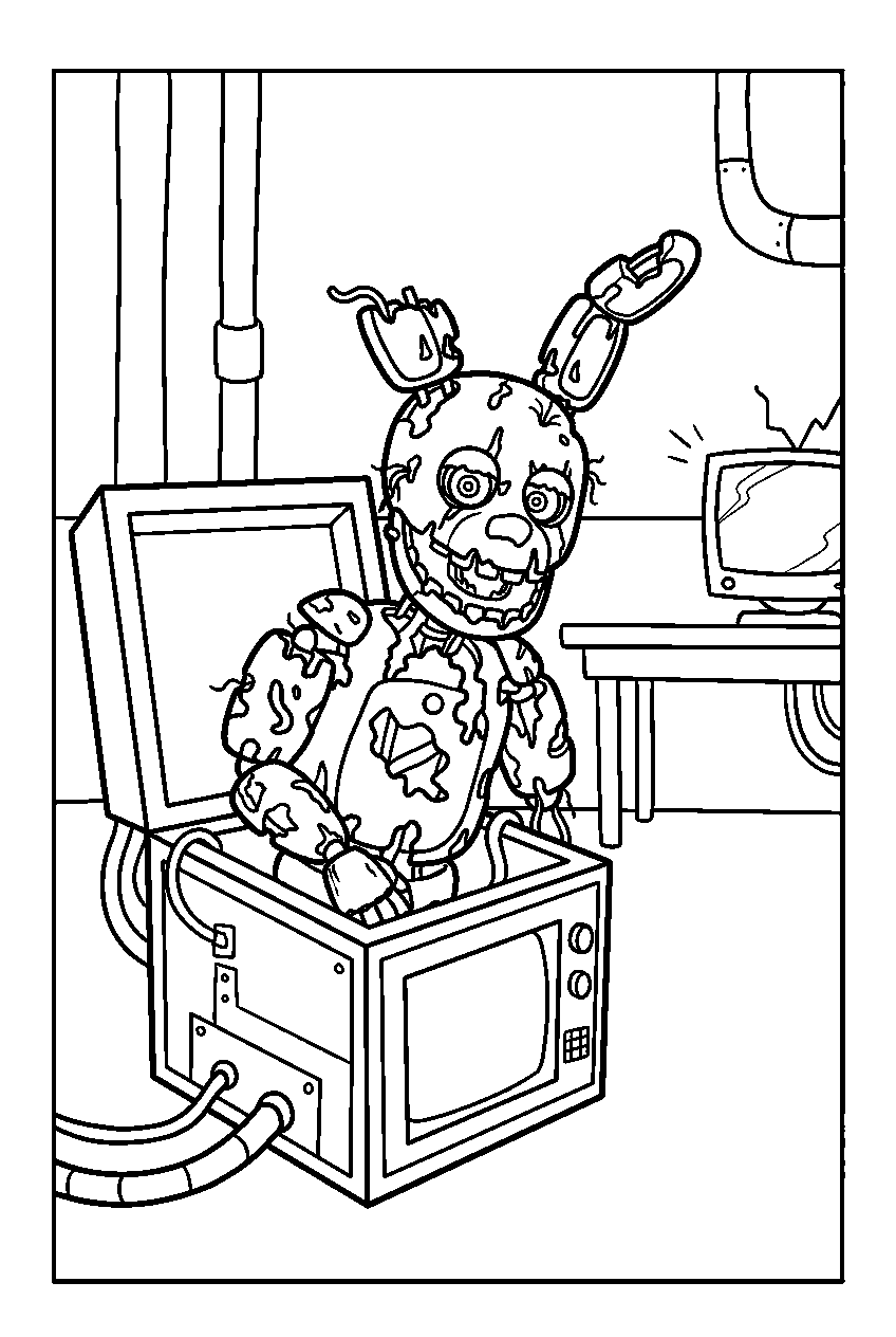burntrap rising from a charging station inside the underground pizzeria line art