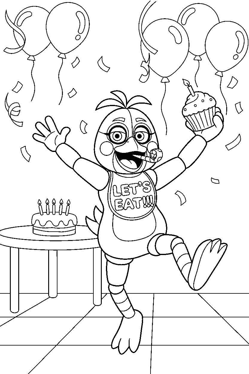 chica the chicken fnaf animatronic dancing happily in a celebration hall line art