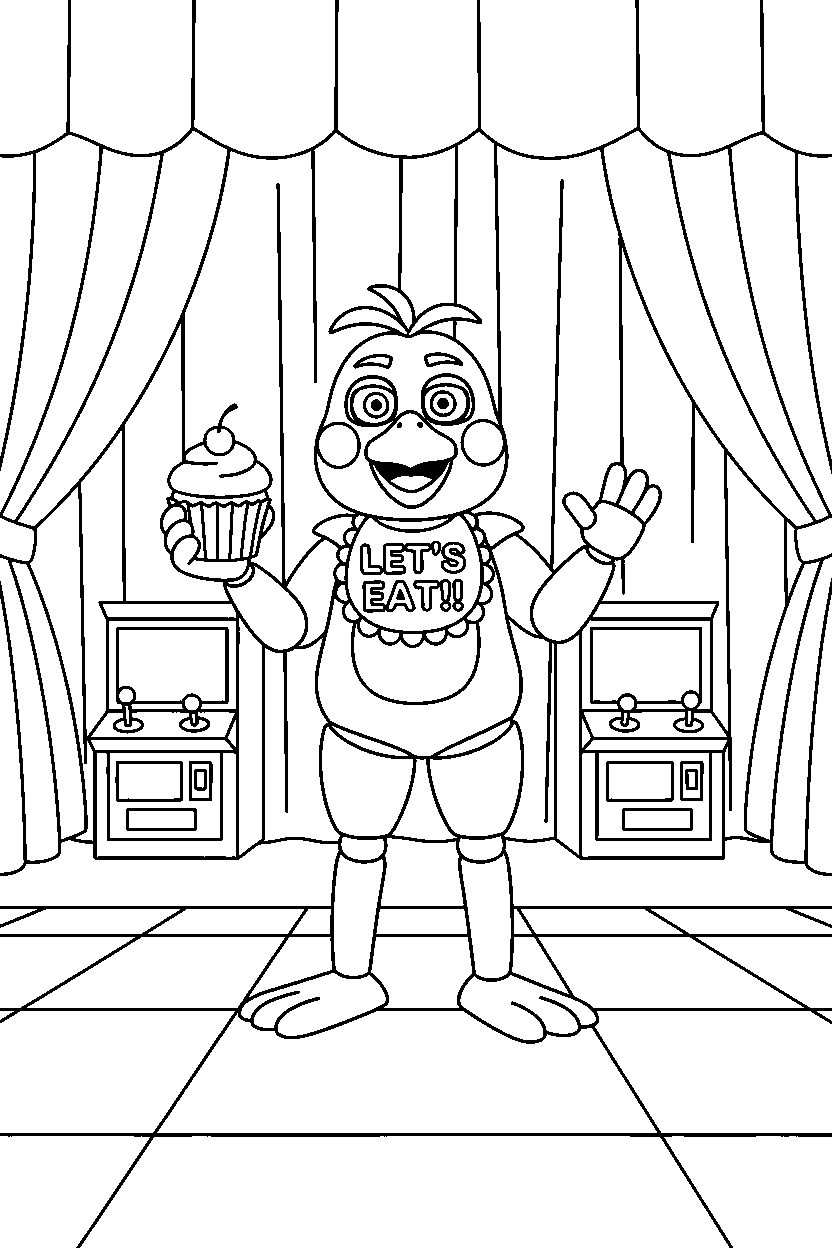 chica the chicken fnaf animatronic holding a cupcake in a show stage area line art