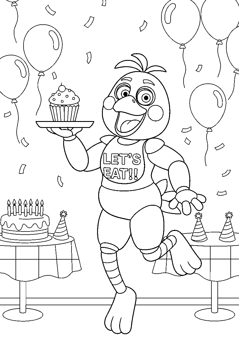 chica the chicken fnaf animatronic jumping happily in a birthday celebration room line art
