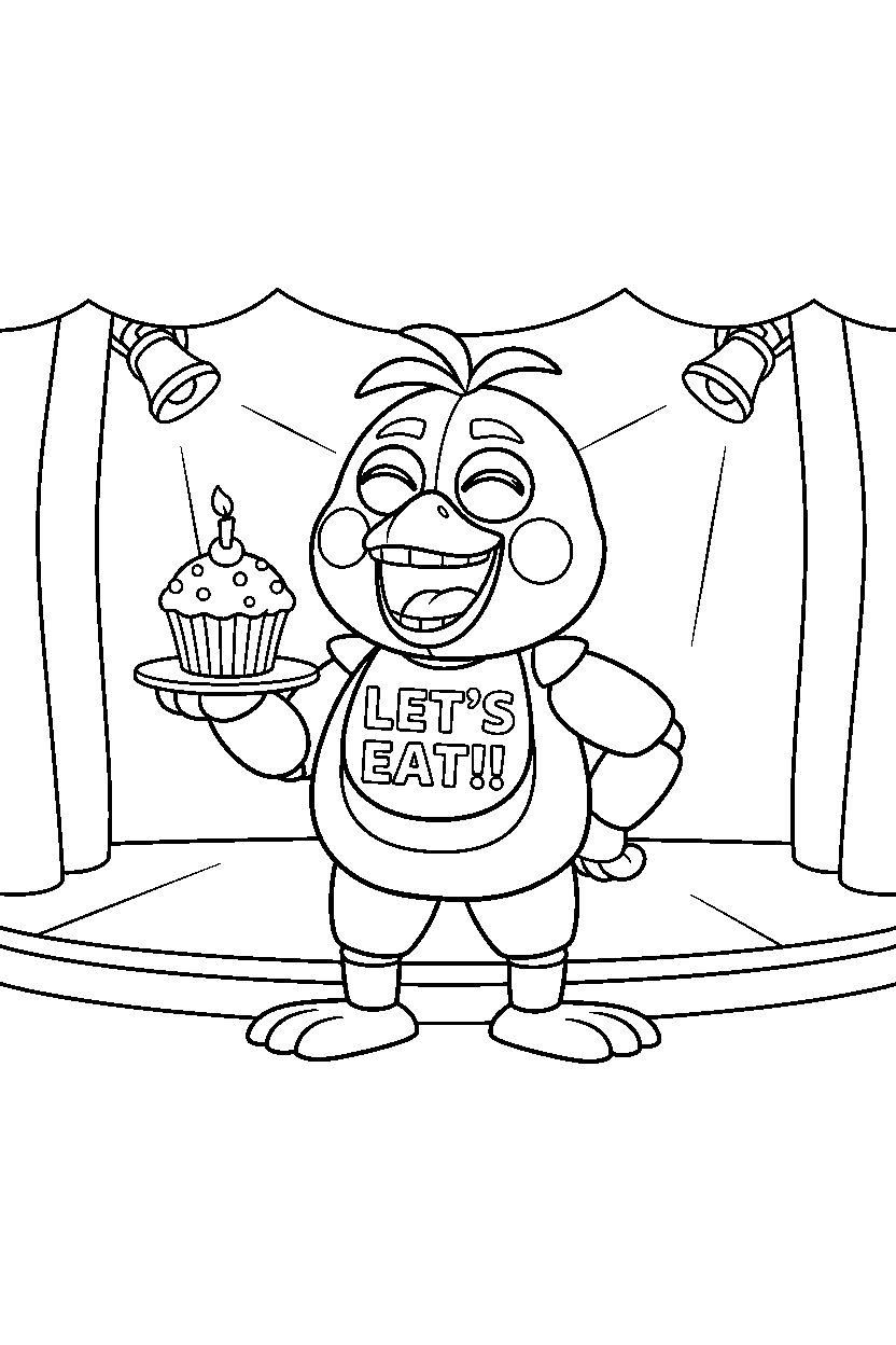 chica the chicken fnaf animatronic laughing happily on a performance stage line art