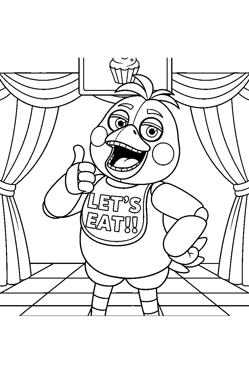 chica the chicken fnaf animatronic making a funny pose in a show stage area line art