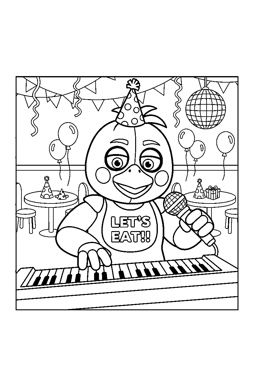 chica the chicken fnaf animatronic playing music inside a cartoon party hall line art