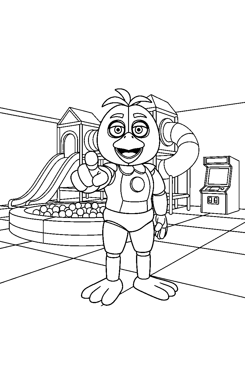 chica the chicken fnaf animatronic pointing forward inside an indoor play area line art