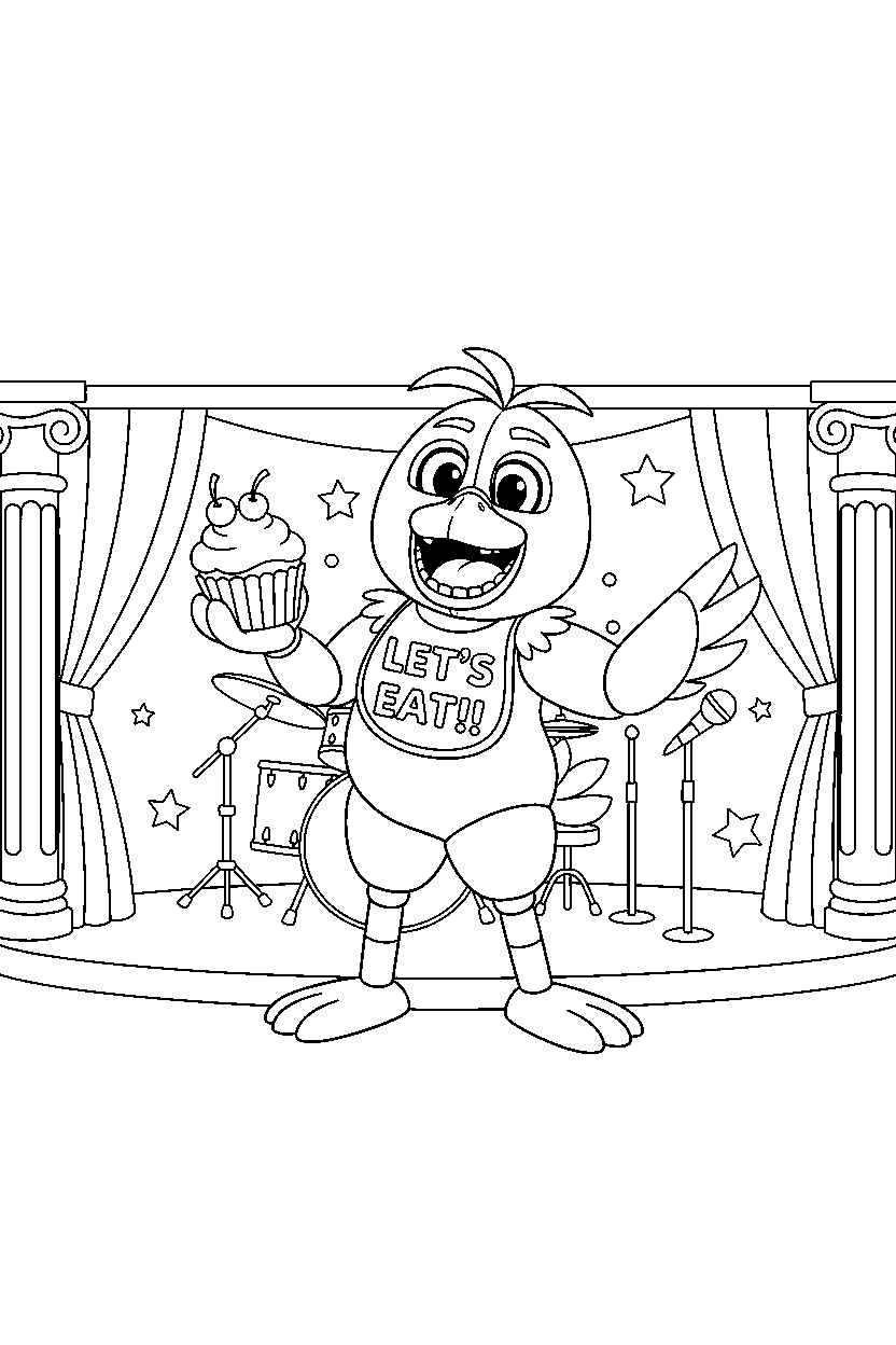 chica the chicken fnaf animatronic posing happily in a music stage hall line art