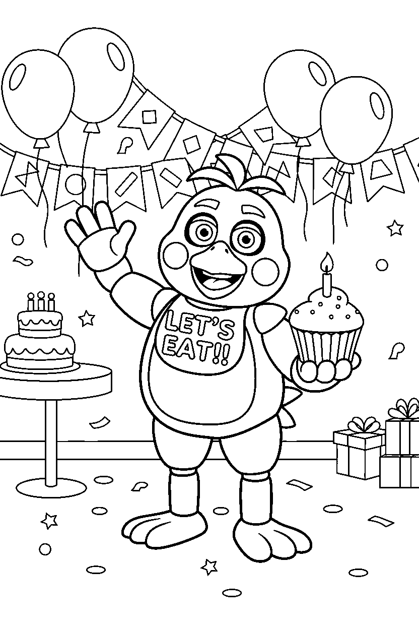 chica the chicken fnaf animatronic standing and waving in a decorated party room line art