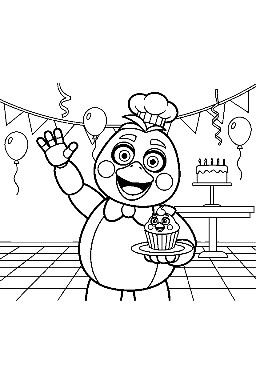 chica the chicken fnaf animatronic waving happily in a decorated playroom line art