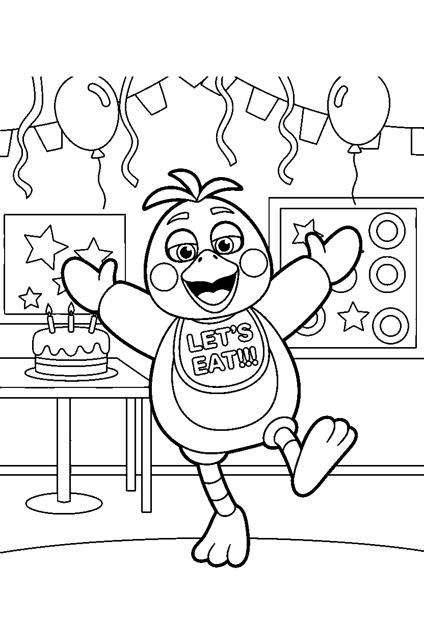 chica the chicken from five nights at freddy s dancing happily in a decorated playroom line art
