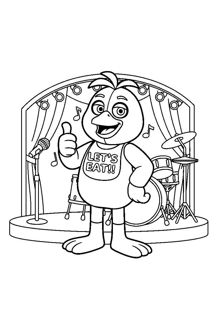 chica the chicken from five nights at freddy s giving a thumbs up in a music stage hall line art