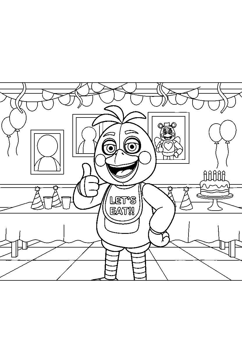 chica the chicken from five nights at freddy s giving a thumbs up inside a cartoon party hall line art