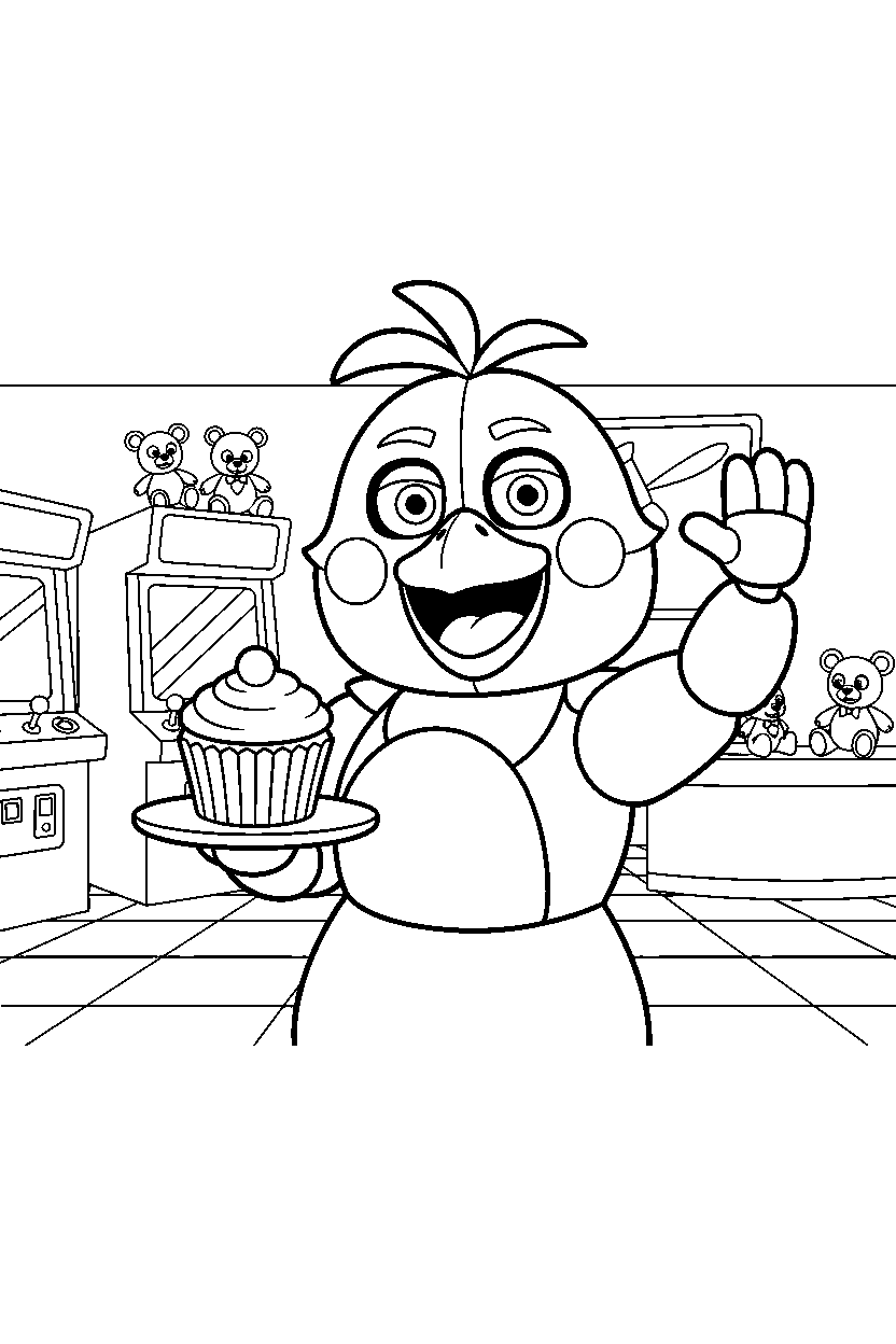 chica the chicken from five nights at freddy s greeting happily in a bright game arcade line art