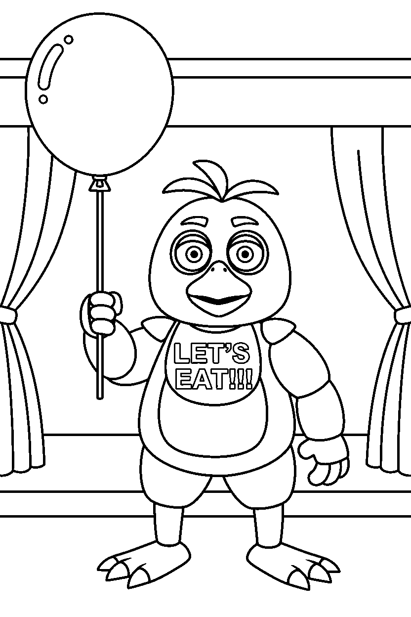 chica the chicken from five nights at freddy s holding a balloon in a show stage area line art