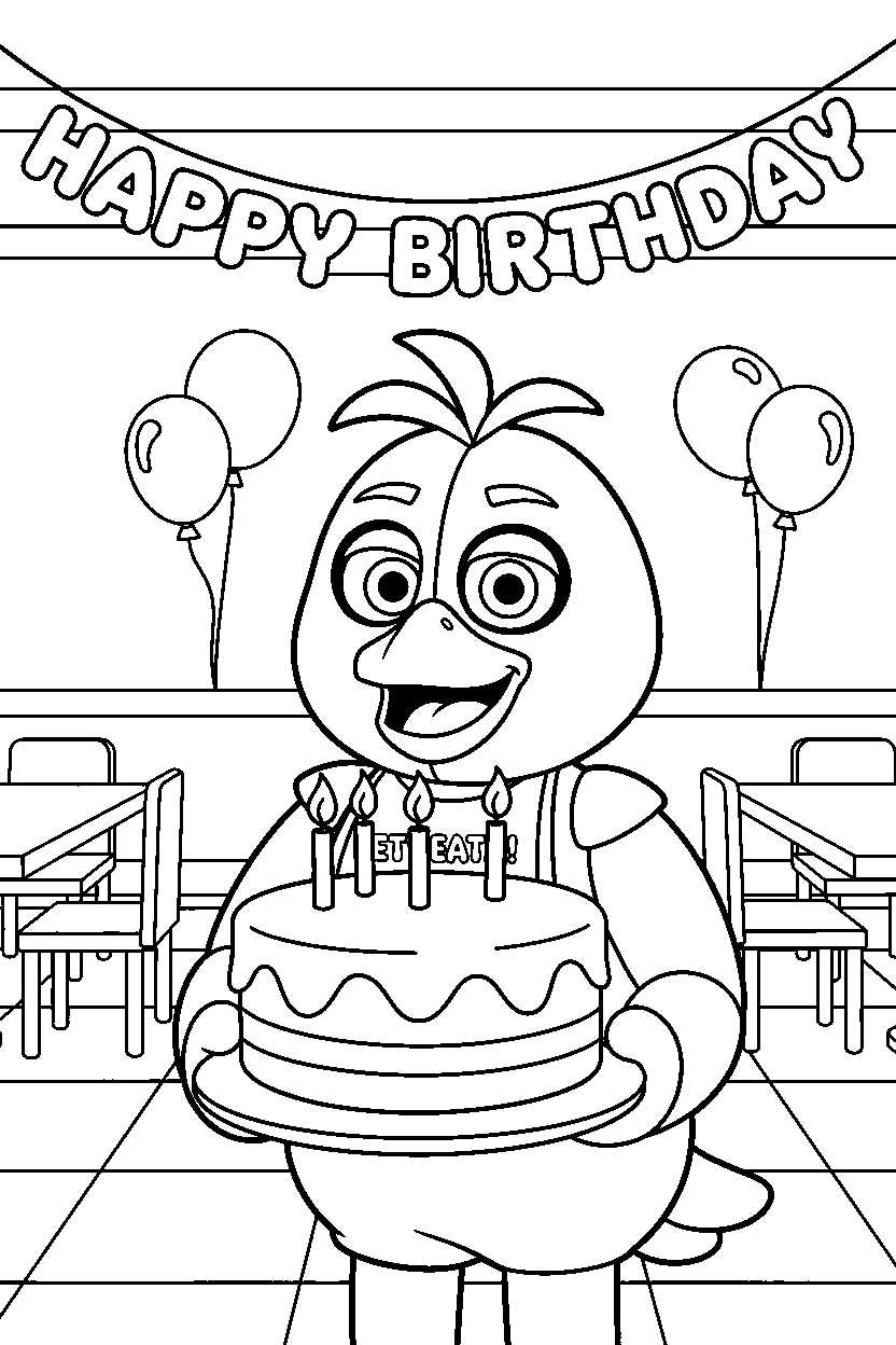 chica the chicken from five nights at freddy s holding a cake in a family restaurant line art
