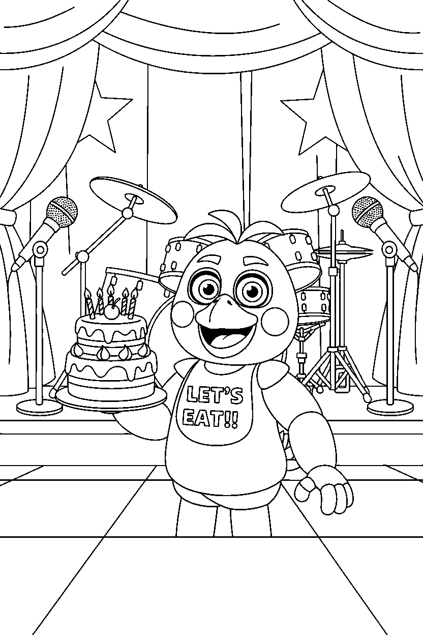 chica the chicken from five nights at freddy s holding a cake in a music stage hall line art