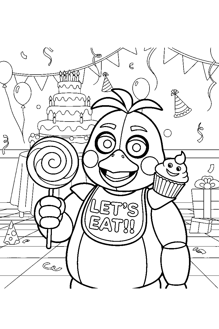 chica the chicken from five nights at freddy s holding a candy in a festive event room line art
