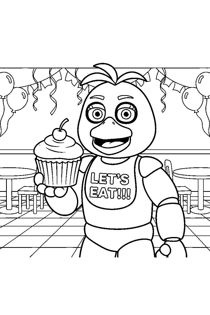 chica the chicken from five nights at freddy s holding a cupcake in a family restaurant line art