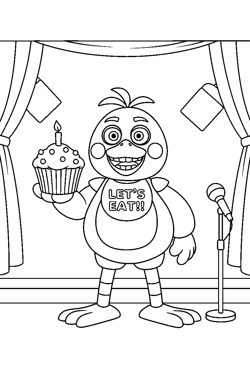 chica the chicken from five nights at freddy s holding a cupcake on a performance stage line art