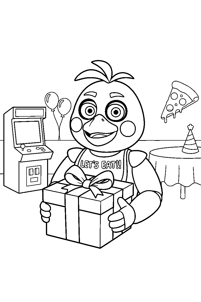 chica the chicken from five nights at freddy s holding a gift box in a fun entertainment center line art