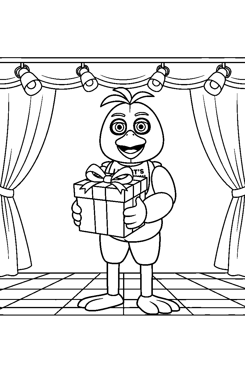 chica the chicken from five nights at freddy s holding a gift box in a show stage area line art