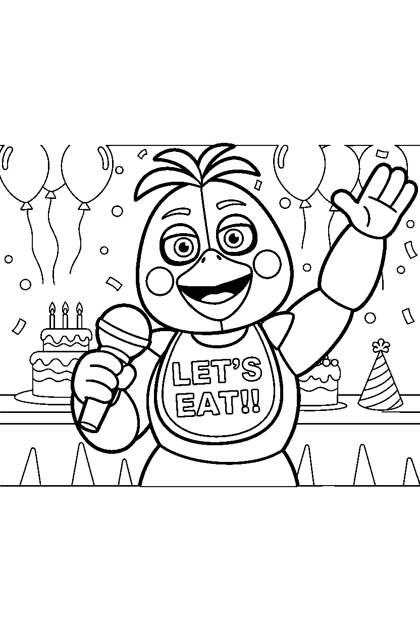 chica the chicken from five nights at freddy s holding a microphone in a birthday celebration room line art
