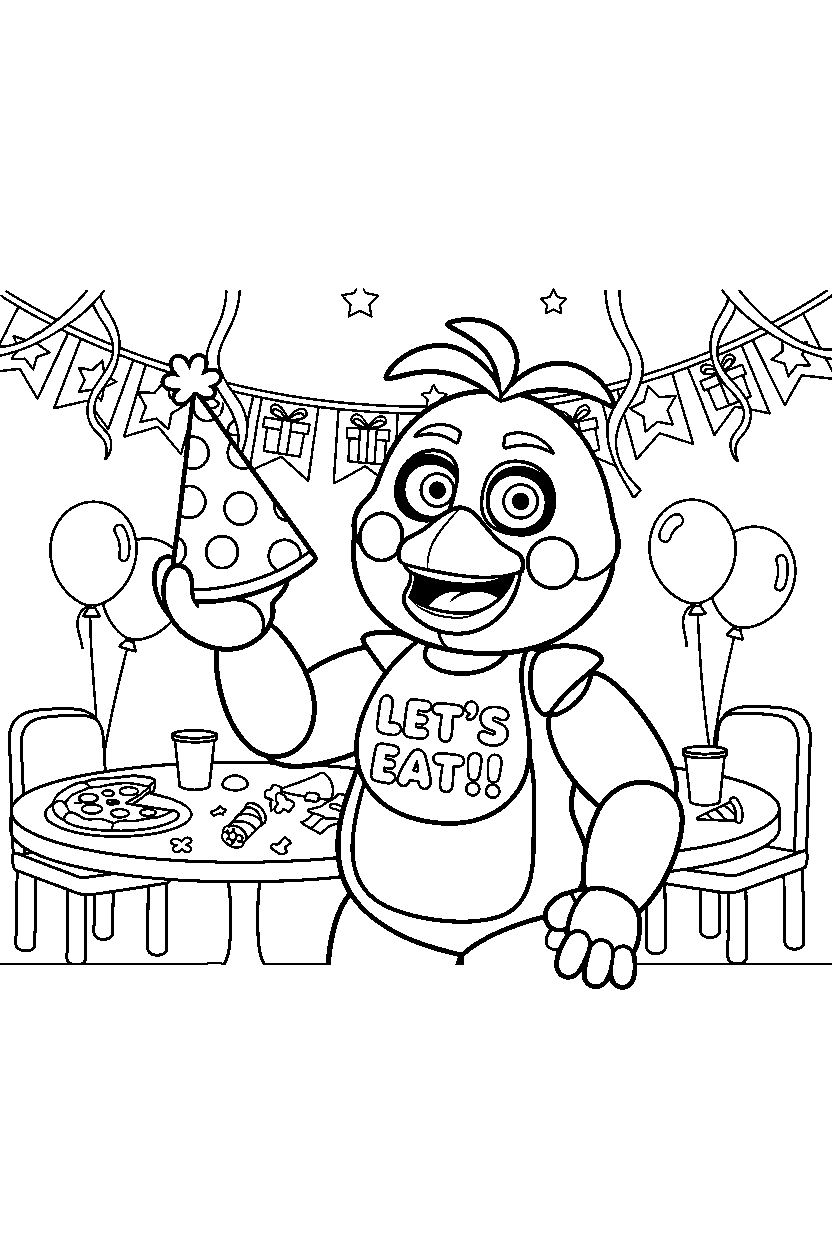 chica the chicken from five nights at freddy s holding a party hat in a festive event room line art