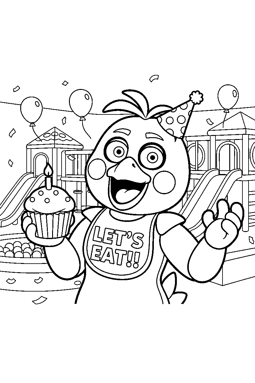 chica the chicken from five nights at freddy s holding a party hat inside an indoor play area line art