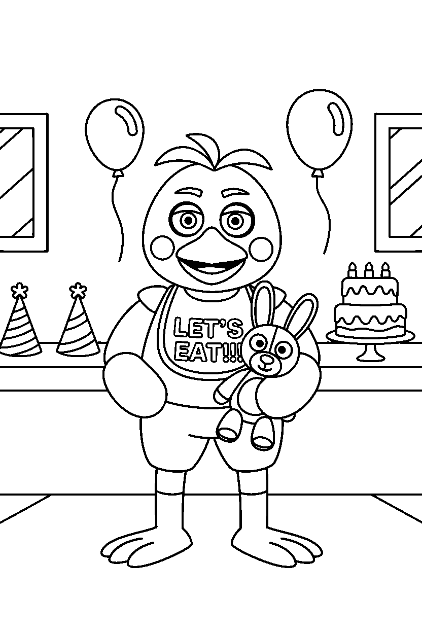 chica the chicken from five nights at freddy s holding a plush toy in a bright party room line art