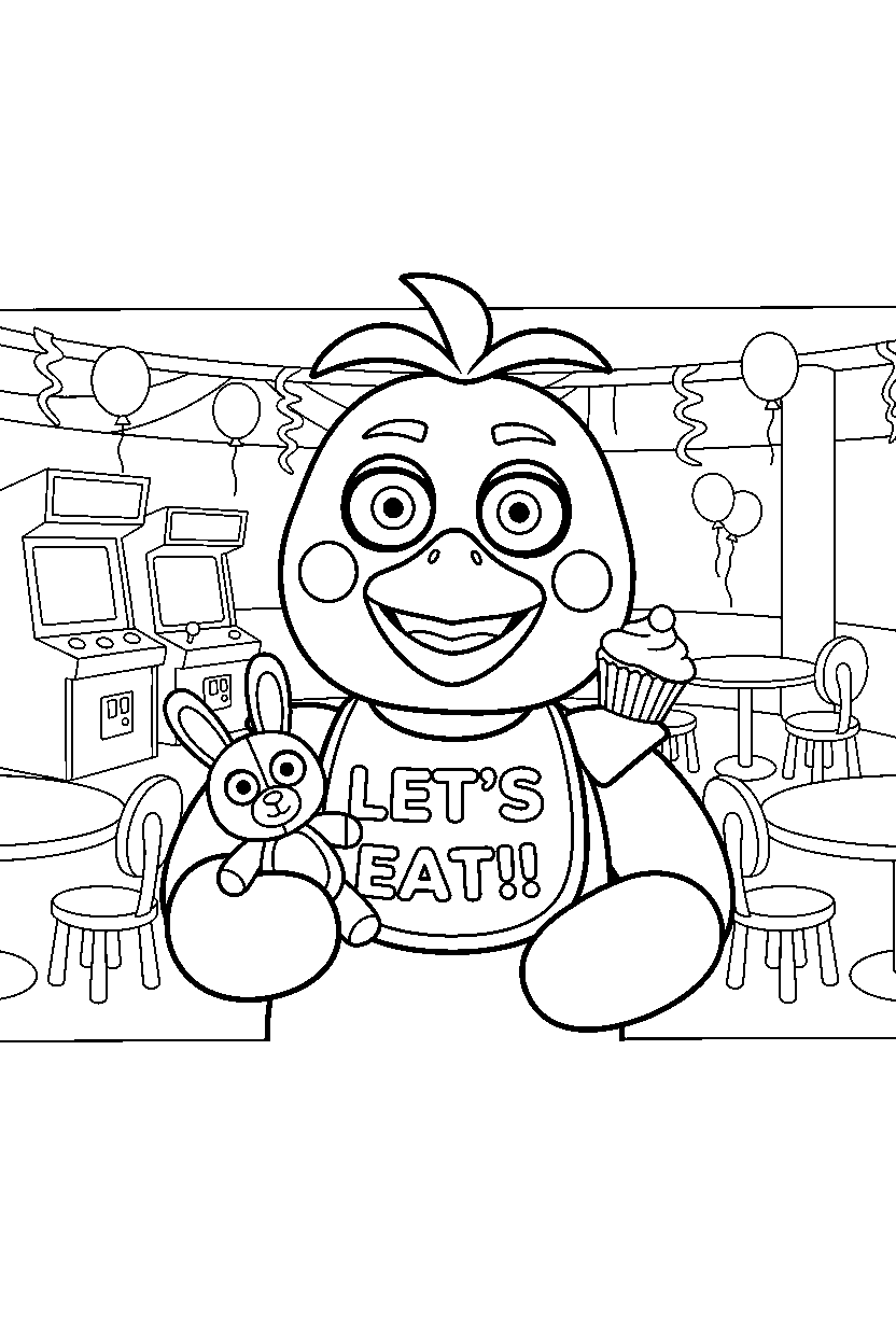 chica the chicken from five nights at freddy s holding a plush toy in a colorful entertainment hall line art