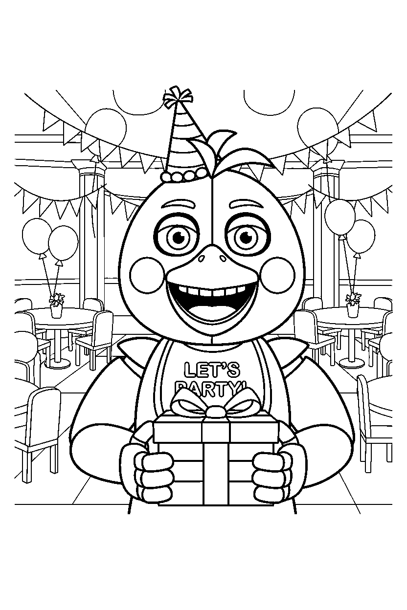 chica the chicken from five nights at freddy s holding a present in a celebration hall line art