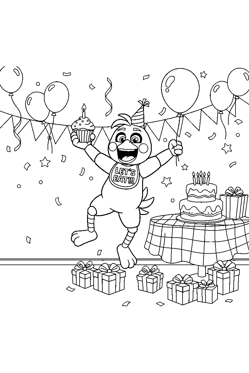 chica the chicken from five nights at freddy s jumping happily in a birthday celebration room line art